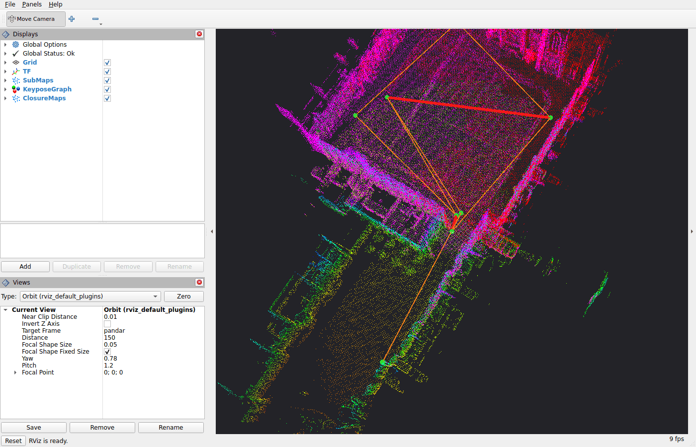 RViz with the default view on an Oxford Spires sequence: sub-maps, the keypose graph with odometry and closure edges, and a two-tone closure map